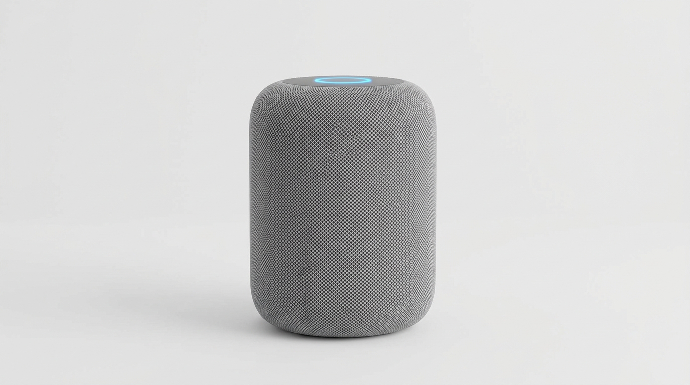 Before/after: a smart speaker or air fryer shown first as a plain studio photo, then as a finished in-room lifestyle image on a countertop with warm ambient lighting.